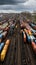 Aerial view Colorful freight trains on station, bustling industrial landscape