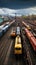 Aerial view Colorful freight trains on station, bustling industrial landscape