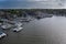 Aerial view of colorful sailboat moorings and docks on azure blue Spa Creek, in historic downtown Annapolis Maryland on a sunny su