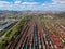 Aerial view of colorful trains on a station