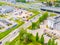 Aerial view of colorful trucks in the terminal waiting for unloading. Top view of the logistics center. Transportation. Freight