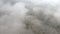 Aerial view on coniferous forest. Landscape view of Pine forest through heavy fog and clouds. Drone copter view.