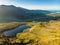 Aerial view of Conor Pass, one of the highest Irish mountain passes served by an asphalted road, located on the Dingle Peninsula,