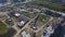 Aerial view on construction building. Construction site workers, aerial, Top View. Overhead view of construction site