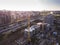 Aerial view of the construction site and yellow cranes. new apartment building in progress