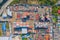 Aerial view of container cargo ship in the export and import business and logistics international goods in urban city. Shipping to