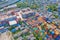 Aerial view of container cargo ship in the export and import business and logistics international goods in urban city. Shipping to