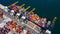Aerial view container cargo ship at industial port in import export business logistic and transportation of international by