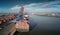 Aerial view of a container ship in the port of Hamburg at a terminal in sunny weather