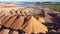 Aerial view of a conveyor in salt pits, mining of potash and salt, conveyor line in working process, salt quarries