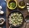 Aerial view of cooked mushroom in pan