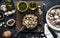 Aerial view of cooked mushroom in pan on wooden background