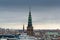 Aerial view of Copenhagen City from the The Round Tower Rundetaarn in rainy misty day with cloudy sky and Saint Nikolas church