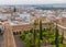 Aerial view of Cordoba with the courtyard of Mosque-Cathedral called Patio de los Naranjos, Spa