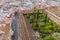 Aerial view of Cordoba with the courtyard of Mosque-Cathedral called Patio de los Naranjos, Spa