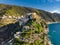 Aerial view of Corniglia, nestled in the middle of the five centuries-old villages of Cinque Terre, Italian Riviera, Liguria,