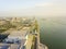 Aerial view Corpus Christi waterfront with sailboat along Shoreline Boulevard