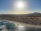 Aerial view Corralejo dunes, white sandy beach, blue water, Lobos and Lanzarote islands, Fuerteventura, Canary islands, Spain
