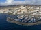 Aerial view on costline with sandy beaches and yachts harbor Puerto Colon on South of Tenerife near Costa Adeje, Canary islands,