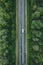 Aerial view of country road with car driving through green forest and corn fields