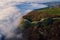 Aerial view with creeping clouds and mountains in Anapa