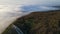 Aerial view of creeping fog in evening. Foggy weather