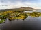 Aerial view of Croagh Patrick mountain and Westport bay at sunrise