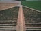 Aerial view of crop field with circular pivot irrigation sprinkler