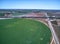 Aerial view of crop field with circular pivot irrigation sprinkler