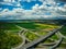 Aerial view of crossroads under clouds near zbraslav summer