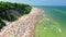 Aerial view of crowded beach on Baltic Sea during pandemic