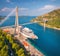 Aerial view of cruise ship and beautiful bridge in Dubrovnik