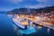 Aerial view of cruise ship at harbor at night