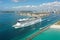 Aerial view of cruise ship leaving Port Miami and Miami Beach, Florida.