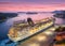 Aerial view of cruise ship in port at night in Dubrovnik