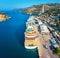 Aerial view of cruise ship in port at sunset in Dubrovnik