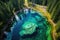 aerial view of a crystal-clear natural pool surrounded by forest