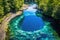 aerial view of a crystal-clear natural pool surrounded by forest