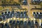 Aerial view of cul-de-sac at neighborhood street dead end with tightly packed homes in South Carolina living aeria