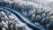 Aerial view of Curvy windy road in snow covered forest. Generative Ai