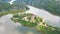 Aerial view on czech medieval castle Zvikov, situated on rocky outcrop above the confluence of two rivers Vltava and Otava, Czech