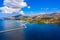 Aerial view of the De Bosset Bridge in Argostoli city on Kefalonia island. De Bosset Bridge on lakeside In Argostoli, Kefalonia.