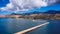 Aerial view of the De Bosset Bridge in Argostoli city on Kefalonia island. De Bosset Bridge on lakeside In Argostoli, Kefalonia.