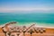 Aerial view of the Dead Sea beach area of Ein Bokek resort in Is