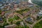 Aerial view of dense buildings and a large public University in Minneapolis, Minnesota