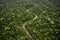 aerial view of dense jungle ecosystem with winding rivers and waterfalls