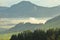 Aerial view of dense sunrise fog on Enns Valley, Alps Alpes, Alpen, Alpi, Alps, Alpe, Styria Steiermark, Austria Ã–sterreich