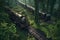aerial view of derailed vintage train in a dense forest