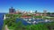 Aerial view of Detroit River walk with Park and Harbor