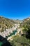 Aerial view of the Devil's Bridge over a narrow gorge of the Herault river in South France